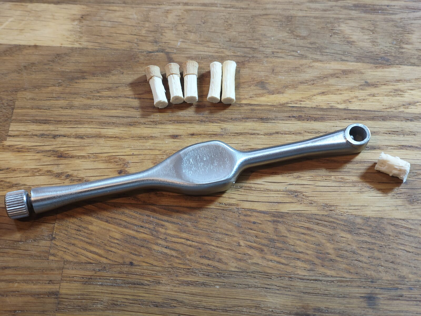 Der Griff mit leerem, geöffnetem Klemmkopf neben fünf zugeschnittenen Miswak-Spitzen, bereit zum Einsetzen.